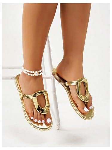 OYOANGLE Women's Metallic Dressy Sandals Flip Flops Vacation Slide Sandals | Vacation Sandals, Beach Flat Sandals, Summer Sandals, Open Toe, Lightweight Thong Sandals thumbnail 4