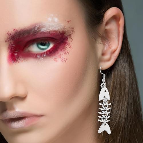 Mabor Ohrringe Fisch Skelett, Grunge Accessoires Ohrhänger Ohrschmuck Fischgräten Zinklegierung Lange Coole Weird Ohrringe Silber Y2k Punk Gothic Schmuck Fischhaken Hängend Schräge für Frauen Mädchen thumbnail 3