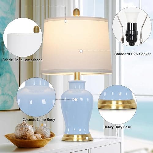 23" Modern Blue Ceramic Table Lamps Set of 2, Coastal Ceramic Lamps for Living Room, Classic Bedside Lamp with Ginger Jar Design, Elegant Bedroom Lamp for Night stand Desk Side End Table Home Decor thumbnail 5