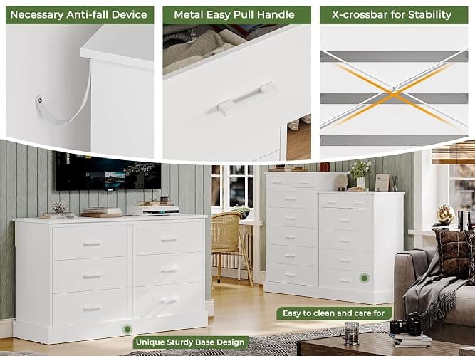 Hasuit White Dresser for Bedroom, 6 Drawers Wood Storage Tower Clothes Organizer, Chest of 6 Drawers, Large Capacity Storage Cabinet, Tall Dresser for Bedroom, Hallway, Entryway thumbnail 6
