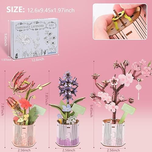 Insgen 3D Wooden Flower Puzzle for Adults, 3 Flowers Bouquet Building Sets, Wooden Flower Kit DIY Botanical Art Craft Model Kit Home Décor for Lovers Nature Enthusiasts thumbnail 7