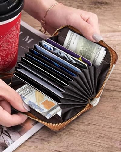 BOSTANTEN Credit Card Holder Wallet RFID Blocking Leather Small Wallet for Women Zipper Keychain Wallet with Wristlet Beige＆Brown thumbnail 6