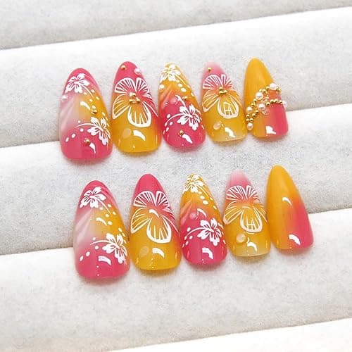 24Pcs Flower Press on Nails Medium Almond Fake Nails 3D Floral with Gold Pearl Rhinestones Glitter Glossy Design Orange Full Cover Stick on Nails Spring Summer False Nails for Women Acrylic Nails thumbnail 3