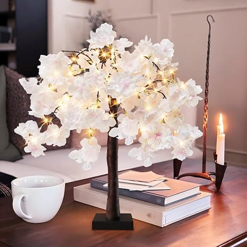 obbsie 24 Inch Lighted Cherry Blossom Tree with 24 Fairy Lights Artificial Bonsai Flower Tree with Timer Battery/USB Operated Pink Light Up Tabletop Tree for Spring Wedding Party Indoor Outdoor Decor thumbnail 2