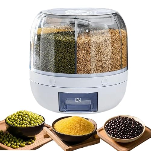 KeruRome Rotating Dry Storage 6 Grid Cereal Storage Container Dispenser Countertop, Grain Organizer and Dispenser Round 360 Food Rotating Dispenser for Store Rice, Red Beans, Yellow Beans - Round - 6 grids-13lbs White - Image 1