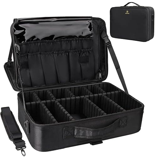 Relavel Makeup Case Large Makeup Bag Professional Train Case 16.5 inches Travel Cosmetic Organizer Brush Holder Waterproof Makeup Artist Storage Box, 3 Layer Large Capacity, with Adjustable Strap - Image 1