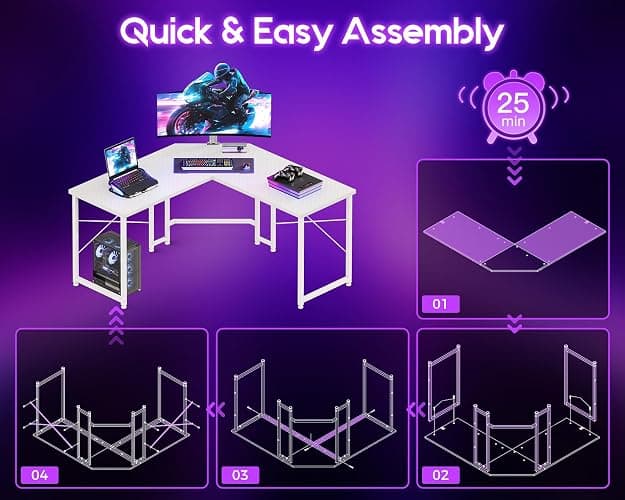 Casaottima 51 Inch L Shaped Gaming Desk, Compact Corner Computer Table, Stable Writing Workstation for Small Spaces, Home Office & Streaming Setup, Easy Assembly, Carbon Fiber Surface, White thumbnail 4
