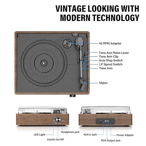 Record Player for Vinyl with 2 Build-in Speakers LP Vinyl Players Belt-Driven Vintage Turntables 3 Speed 3 Size, Wireless Bluetooth Playback, AUX-in,RCA Out, Headphone, Auto Stop Wood thumbnail 2