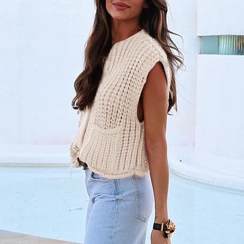 Hixiaohe Womens Crochet Chunky Knit Top Sleeveless Button Down Crop Tops Trendy Cardigan Sweater Vest for Women with Pockets thumbnail 5