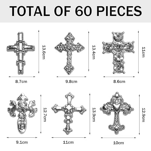 TESGADGETS 60 Stück 3D-Nagelanhänger aus Metalllegierung mit Kristallkreuzen – ideal für DIY-Punk-Nagelkunst von Frauen und Mädchen, mit Strasssteinen, Silber thumbnail 2