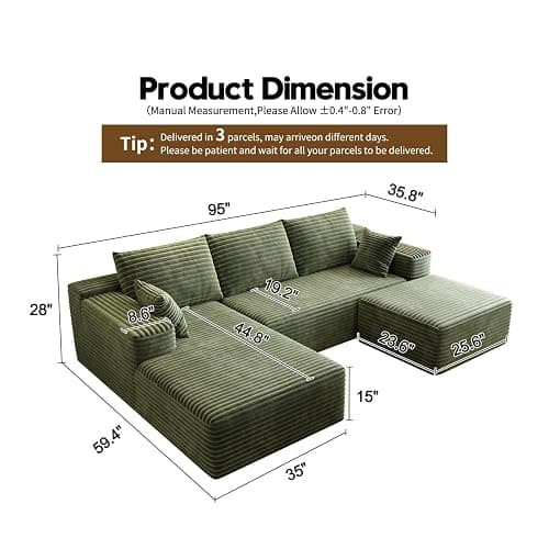 95" Sectional Couches for Living Room Cloud Couch Sofa with L-Shape Upholstered Boneless Couchs Modern Modular Sectional Couch with Chaise (Green, 95" W+2-Seater+Left Chaise+Ottoman) thumbnail 2