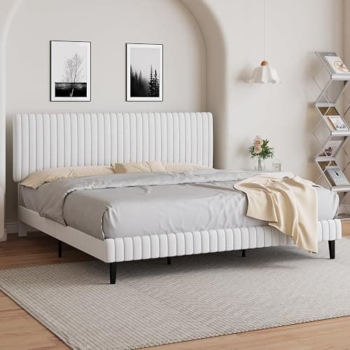 BarnFurin King Size Bed Frame with Adjustable Headboard/Velvet Upholstered Platform Bed with Vertical Channel Tufted Design/No Box Spring Required/Easy Assembly/White thumbnail 3