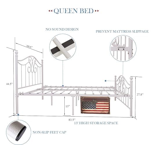 YALAXON Vintage Sturdy Queen Size Metal Bed Frame with Headboard and Footboard Basic Bed Frame No Box Spring Needed (Queen, Grayish White) thumbnail 2
