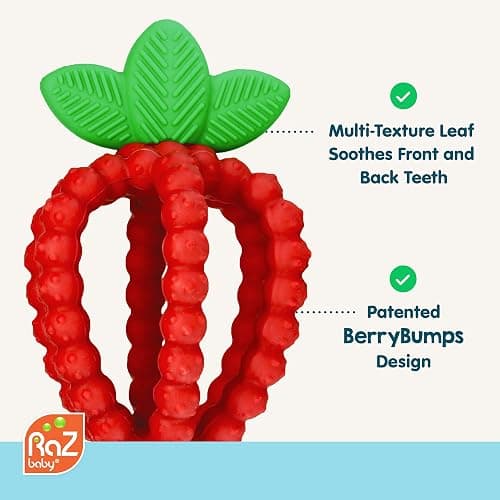 RaZbaby Bites Silicone Baby Teething Toy – Sensory Toy with Textured BerryBumps for Teething Relief, Easy-to-Hold Fruit Shape, BPA-Free, Soothes Front & Back Teeth – Gift for Babies, 3 Months+, Pink thumbnail 5