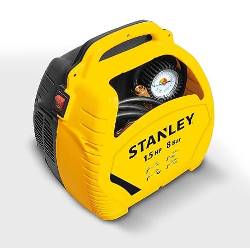 Stanley Compressore Aria Portatile 8 Bar - Compressore 8Bar Senza Olio con Attrezzi Pneumatici - Incl. Tubo dell'Aria da 3M, Pistola ad Aria con Manometro e 3 Ugelli - Giallo thumbnail 4