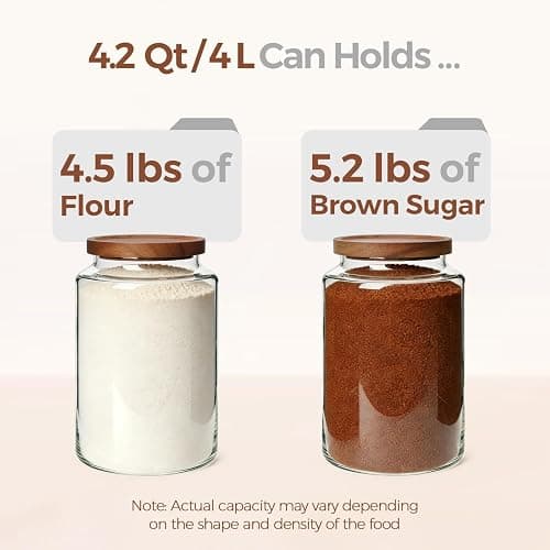 ComSaf Flour Storage Containers with Acacia Wood Lids 1Gallon 2Pack | 4.2Qt Large Glass Jar, for Cooks, Flour Cereal Rice Oats, Kitchen Pantry, 4.4in Wide Mouth, Canister with Scoops & Labels thumbnail 4