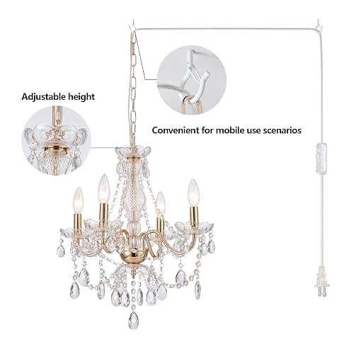 AMZASA Plug in Crystal Chandelier,French Country Gold Crystals Chandelier Pendant Lighting, 5 Light Glass Crystal Light for Living Room, Wedding, Island, Bedroom, Hallway,Foyer,Electroplating thumbnail 5