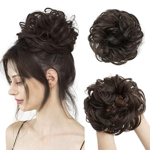 CJL HAIR Large Messy Bun Hair Piece Wavy Curly Scrunchies Synthetic Chignon Ponytail Hair Extensions Thick Updo Hairpieces for Women Dark Brown - Image 1