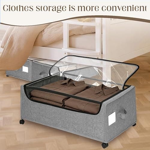Under Bed Storage with Wheels, 2 Pack Under Bed Storage Containers, 10.6 inches Tall Underbed storage bins on Wheels, Rolling Under the Bed Metal Drawers for Clothes, Blankets, Shoes (XXXL, 90L) thumbnail 7