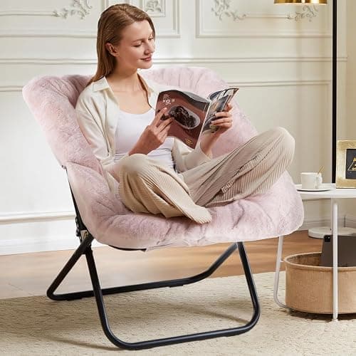 Simple Deluxe Oversized Square Moon Chair for Adults, Soft Faux Fur Folding Lounge Chair with Sturdy Steel Frame, Comfortable Reading Gaming Chair for Living Room, Bedroom, Pink thumbnail 5