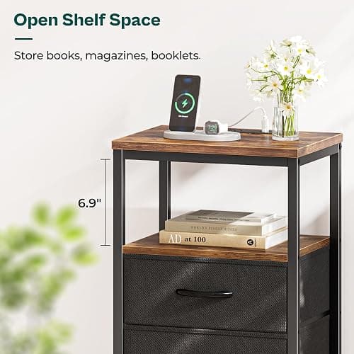 Huuger Nightstand with Charging Station, Side Table with Fabric Drawers, End Table with Open Shelf, Bedside Table with USB Ports and Outlets, Night Stand for Bedroom, Rustic Brown and Black thumbnail 7