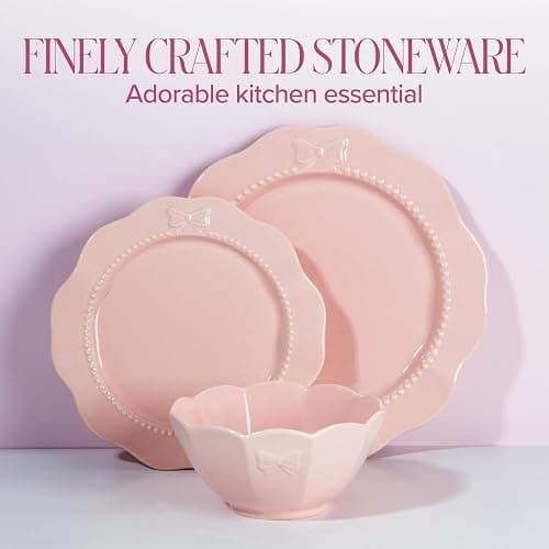 Paris Hilton 12-Piece Dinnerware Set, Embossed Bow Design, Iconic Ceramic Stoneware Service for 4 with Dinner Plates, Salad Plates, and Bowls, Microwave & Dishwasher Safe, Pink thumbnail 4