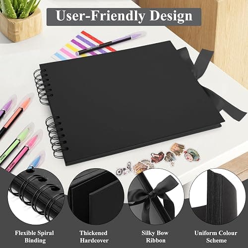 DazSpirit DIY Scrapbook Photo Album with Ribbon, 80 Pages/40 Sheets Scrap Book Rectangle Hardcover Photo Book, With 12 Marker Pens & 7 Stickers, Ideal for Scrapbooking, Arts, Crafts and DIY, Black thumbnail 4