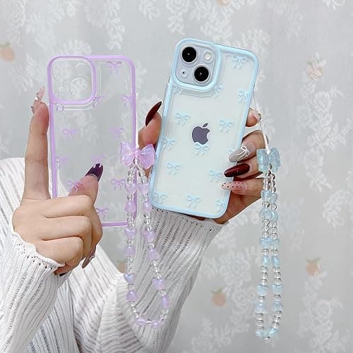 RRFNNF Cute Bowknot Case for iPhone 12, Ribbon Bow Case with Bling Bracelet Chain, Clear Aesthetic Stylish Slim Soft Durable Pretty TPU Protective Cover for Women Girls, Purple thumbnail 4