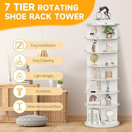 MYOYAY Étagère à chaussures rotative à 7 niveaux - Présentoir à chaussures rotatif à 360 degrés - Rangement rond vertical pour sacs à main - Peut contenir plus de 28 paires thumbnail 5