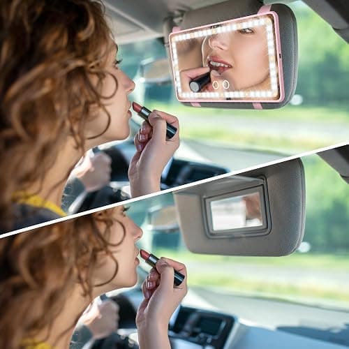 Car Sun Visor Vanity Mirror with Lights, Pink Rechargeable Car Makeup Mirror Accessories, Birthday Gifts for Women Girl, 3 Light Modes, Dimmable Touch Led Screen, Universal for Car Truck thumbnail 5