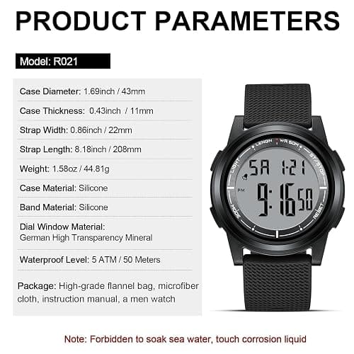 HANPOSH Mens Digital Watch Ultra Thin Minimalist Sports Waterproof Outdoor LED Screen Large Face Wrist Watches for Men with Back Light Alarm Date Stopwatch thumbnail 7