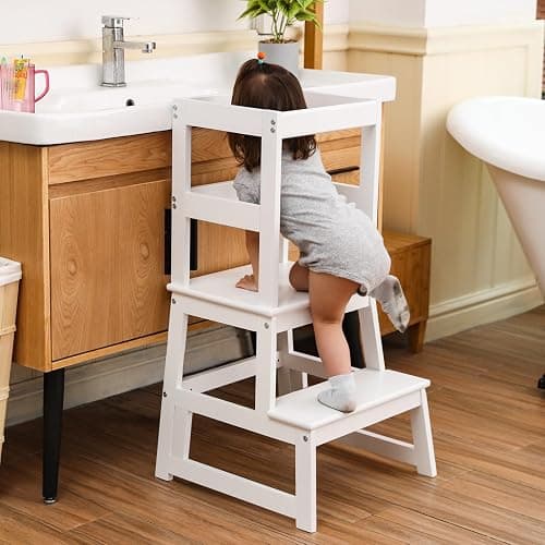 Kids Kitchen Step Stool for Kids with Safety Rail,Solid Wood Construction Toddler Learning Stool, Montessori Toddlers Kitchen Stool Tower (White) thumbnail 4