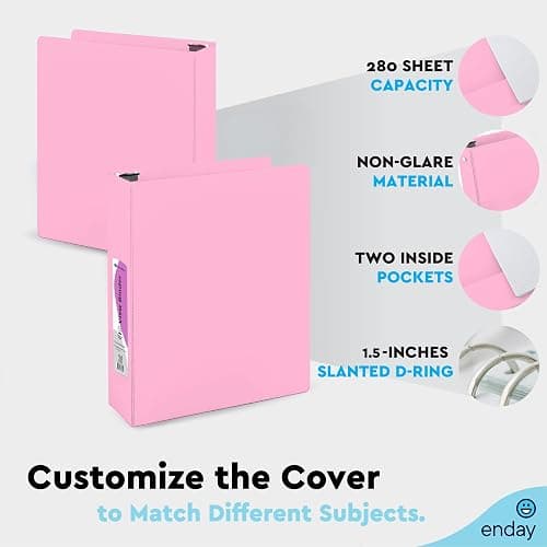 Enday 1.5 Inch Binder, Pink - 1.5 Inch 3 Ring Binder, Round Ring Pastel with Clear View Cover for Letter Size 8.5 x 11'' Paper & 2 Inside Pockets, Ideal for School Supplies, Office, and Home thumbnail 6