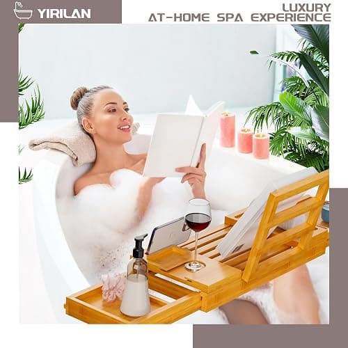 Yirilan Bamboo Bathtub Tray, Expandable Bath Tray for Tub, Bathroom Trays for Bathtub, Bathtub Caddy, Gift for Loved Ones (Bamboo) thumbnail 7