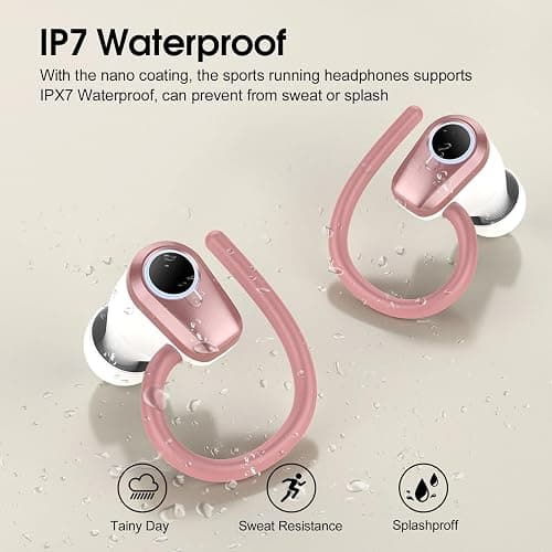 Wireless Earbuds, Bluetooth 5.3 Headphones with 4 ENC Noise Canceling Mic, 50H Stereo Dual LED Display Ear Buds, Sport Bluetooth Earphones with Earhooks, IP7 Waterproof Wireless Headphones, Rose Gold thumbnail 5