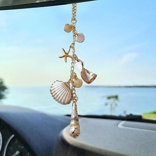 Sea Shells Car Decor,Cute Coastal Hanging Charm for Rear View Mirror, Boho Beach Themed Car Accessories,Hand-Made Starfish Conchas Aesthetic Ornament Pendant for Women - Gold - Image 1