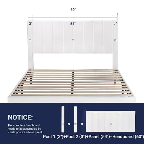 Allewie Queen Bed Frame/Velvet Upholstered Bed Frame with Vertical Channel Tufted Headboard/Strong Wooden Slats/Platform Bed Frame/Mattress Foundation/Box Spring Optional/Easy Assembly/White thumbnail 6