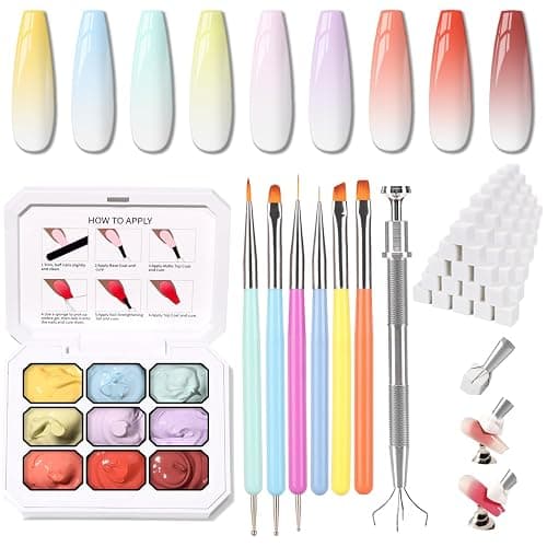Karroy Sponge Pat Paint Nail Gel & Tools Kit, 9 Colors Ombre Nails Gradient Gel Nail Blush Blooming Aura Nails Drawing Stripper Floral Painting Nail Art, No Wipe, UV/LED Curing (9 Colors Set A) - Image 1