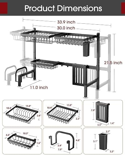 Sakugi Over The Sink Dish Drying Rack - Adjustable 2 Tier Large Capacity Stainless Steel Drainer with Cutlery & Utensil Holders, Kitchen Storage & Organization, 30"-33.9" L x 11" W x 21.5" H, Black thumbnail 2