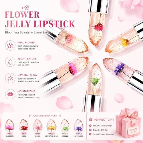 Pack of 6 Crystal Flower Jelly Lipstick, Long Lasting Nutritious Lip Balm Lips Moisturizer Magic Temperature Color Change Lip Gloss, Birthday Mothers Day Gifts, Graduation Gifts, Bulk Gifts for Women thumbnail 3