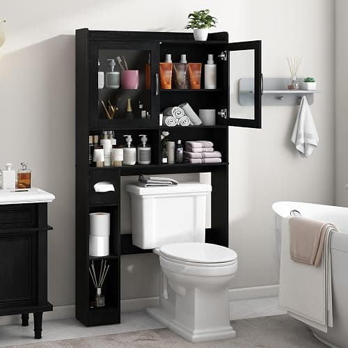 Vabches Over-The-Toilet Storage Cabinet, Farmhouse Style with 2 Acrylic Waves Doors, Space-Saving Home Storage Rack for Restroom, Bathroom and Laundry Room.Black. thumbnail 7