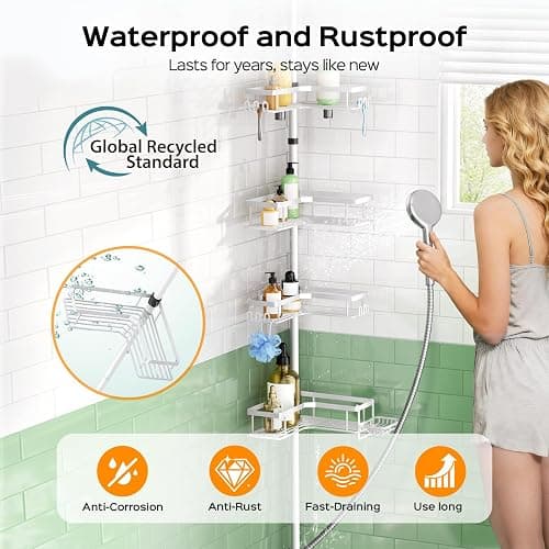 HAMITOR 4-Tier Bathtub Shower Caddy, Tension Pole Corner Shelves, White | Rustproof L-Shaped Adjustable Organizer, No-Drill Bathroom Accessories with Hooks, Space-Saving For Apartment, Renters thumbnail 2