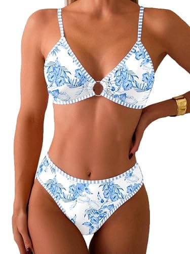 Fanuerg Women's Triangle Bikini Sets O Ring Linked Two Piece Swimsuits Floral Printed Cheeky Bathing Suit - Image 1