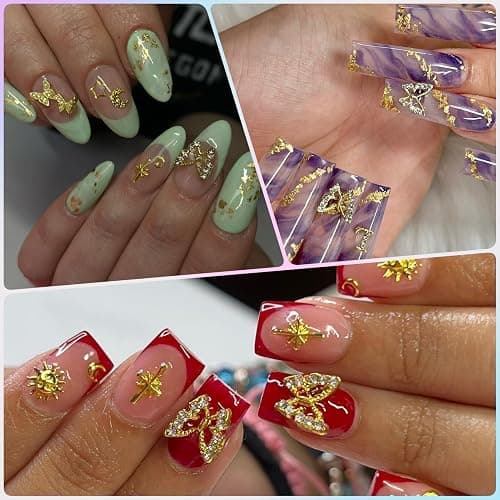 OPMADM 100Pcs Gold Nail Charms and Gems Charms for Nails Design Gold Charms for Nails Metal Bow Cherry Butterfly Cross Heart Star and Flowers thumbnail 5