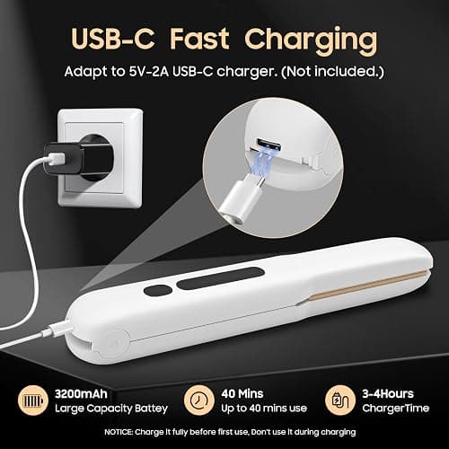Cordless Hair Straightener and Curler, 2 in 1 Portable Mini Flat Iron & Curling Iron, Fast Heating & Titanium Plate Straightener with 4 Adjustable Temp,Travel Size Preferred Gifts (White) thumbnail 5
