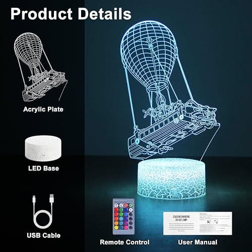 Batttlebus 3D Led Lights Artwork Vision Effect Night Light Remote Control & 16 Colors Mood Lamp Hot Air Balloon Lighting Birthday Holiday Ideas Decorations for Boys Teen Boyfriends - Batttlebus thumbnail 6