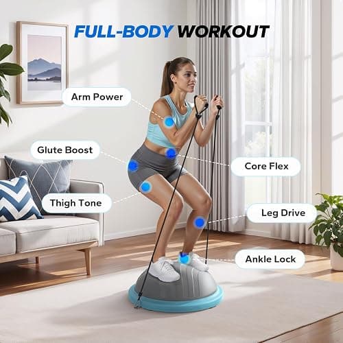 MERACH Balance Ball Trainer, 18 Inch Half Exercise Ball with Resistance Bands and Foot Pump, Half Yoga Ball for Core Strength Training, 450lb Capacity thumbnail 2