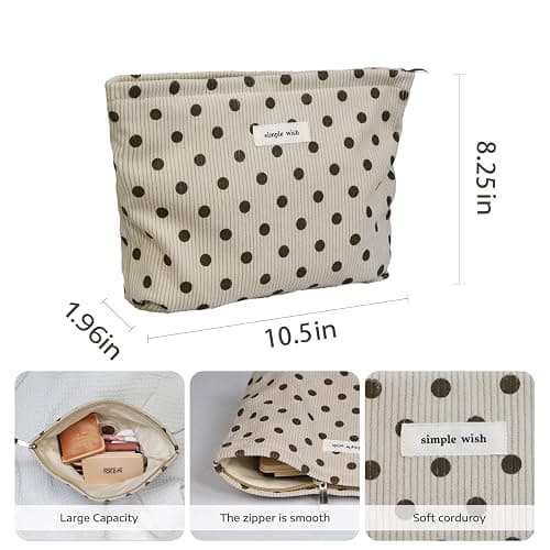 Wudygirl Makeup Bag Makeup Pouch for Women Corduroy Cosmetic Bag Portable Travel Toiletry Bag Large Capacity Make up Organizer with Zipper（Beige Polka Dot） thumbnail 3