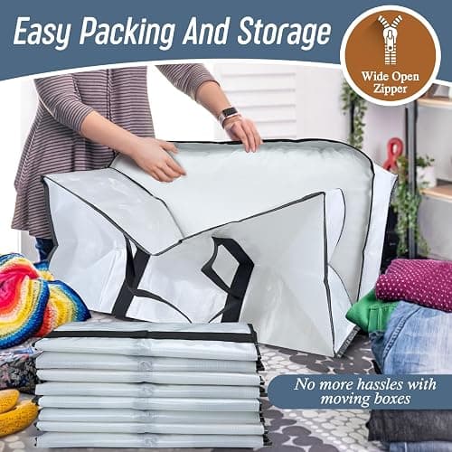 6 Pack Extra Heavy Duty Large Moving Bags with Strong Zipper & Comfortable Handles, Sturdy & Durable Clothes Storage Bags Totes Bins, Packing Moving Boxes for College Supplies, White thumbnail 5