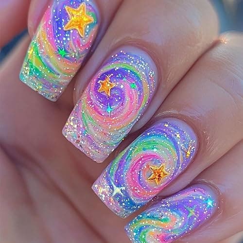 TBRZTR Stars Press on Nails Medium Square Colorful Starry Sky Pattern Design Gradient Fake Nail Acrylic Artificial Glue on Nails Full Cover Glossy Press Ons Stick on Nail for Women Manicure 24Pcs - Image 1